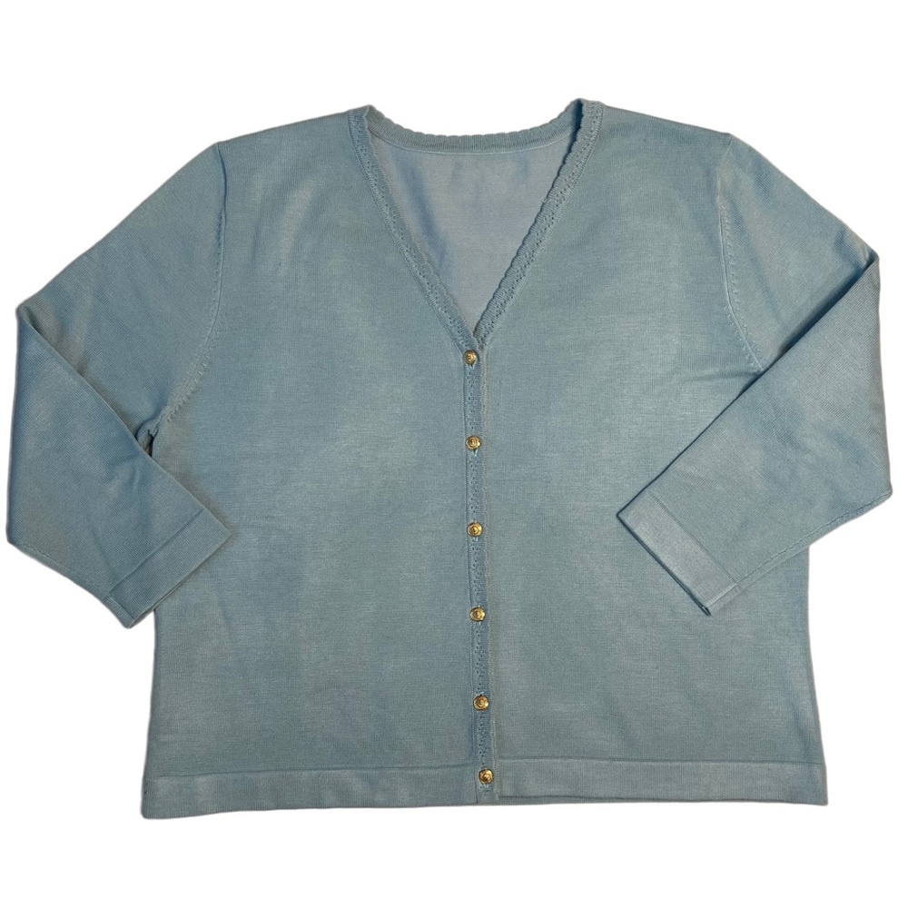 Womens Gold Button Scalloped Trim Light Blue Cardigan